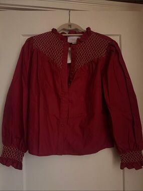 Smocked Yoke Ruffled Collar Blouse in Burgundy